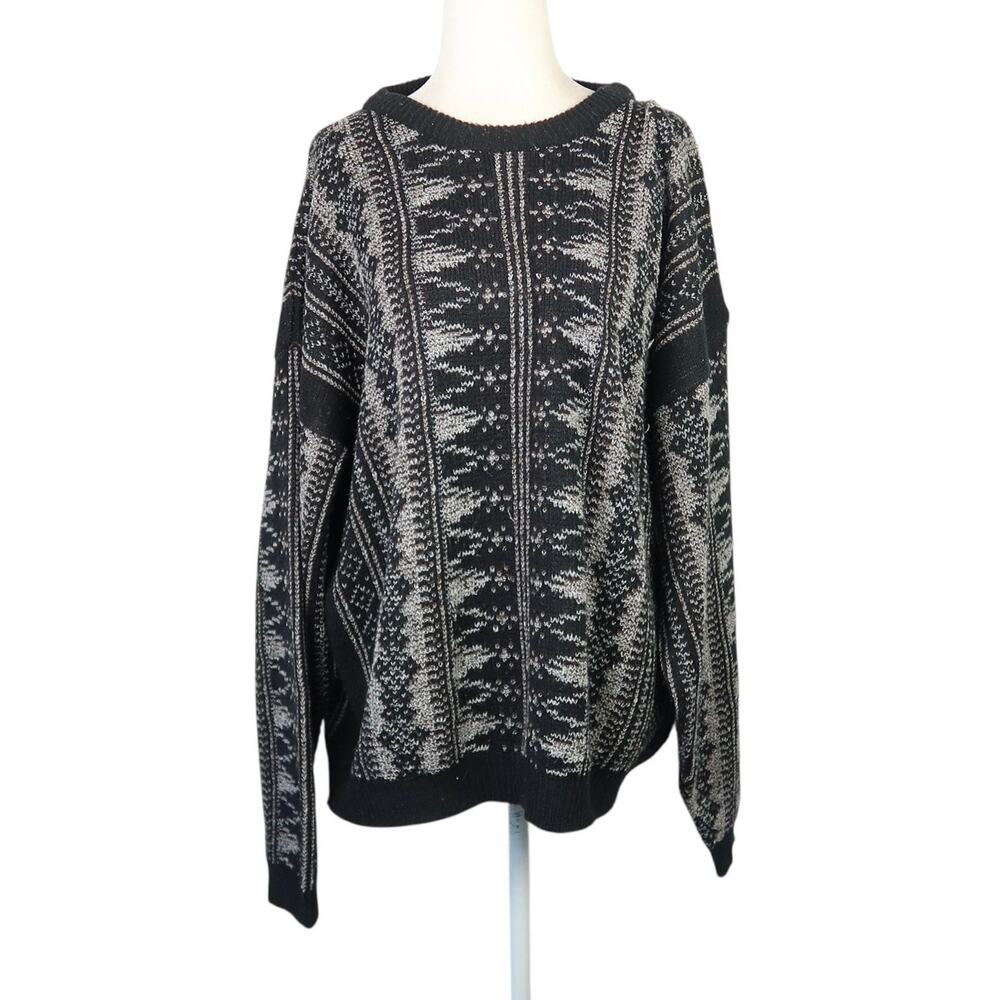 Vintage 90s Unionbay Black and Grey Geometric Sweater Mens L